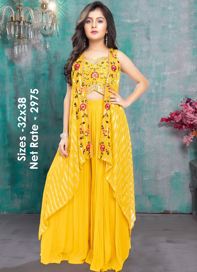 32 To 38 New Yellow Designer Indo Western Palazzo Suit Set Of 4 Pcs